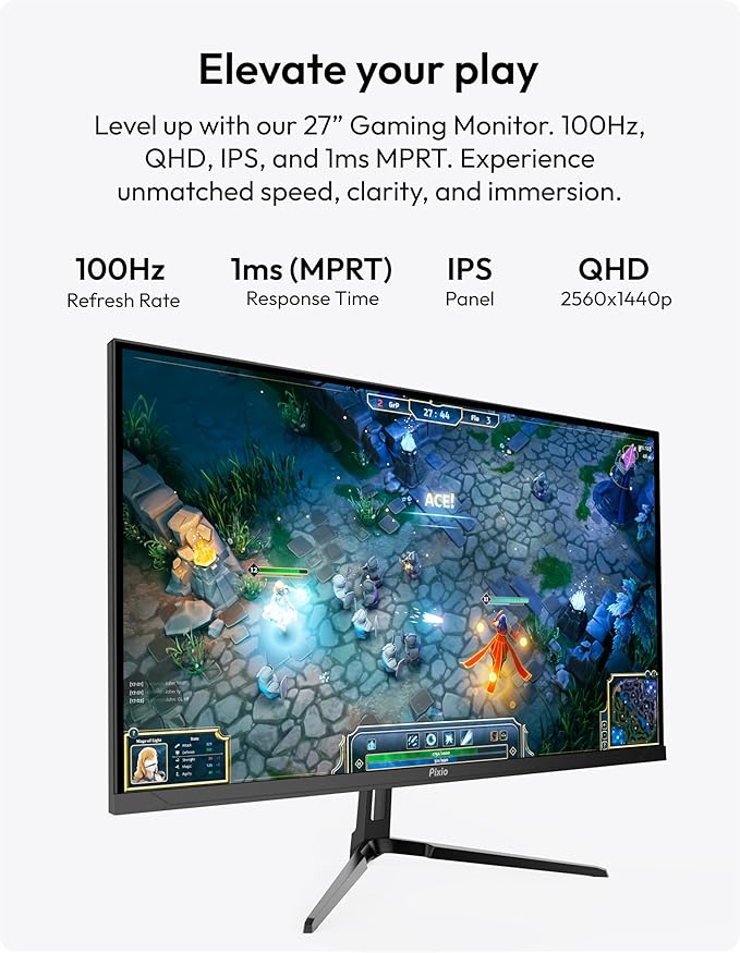 Pixio PX275 Wave 27 inch 100Hz Refresh Rate QHD 1440p Resolution IPS Panel 1ms MPRT Response Time Gaming Monitor with Adaptive Sync