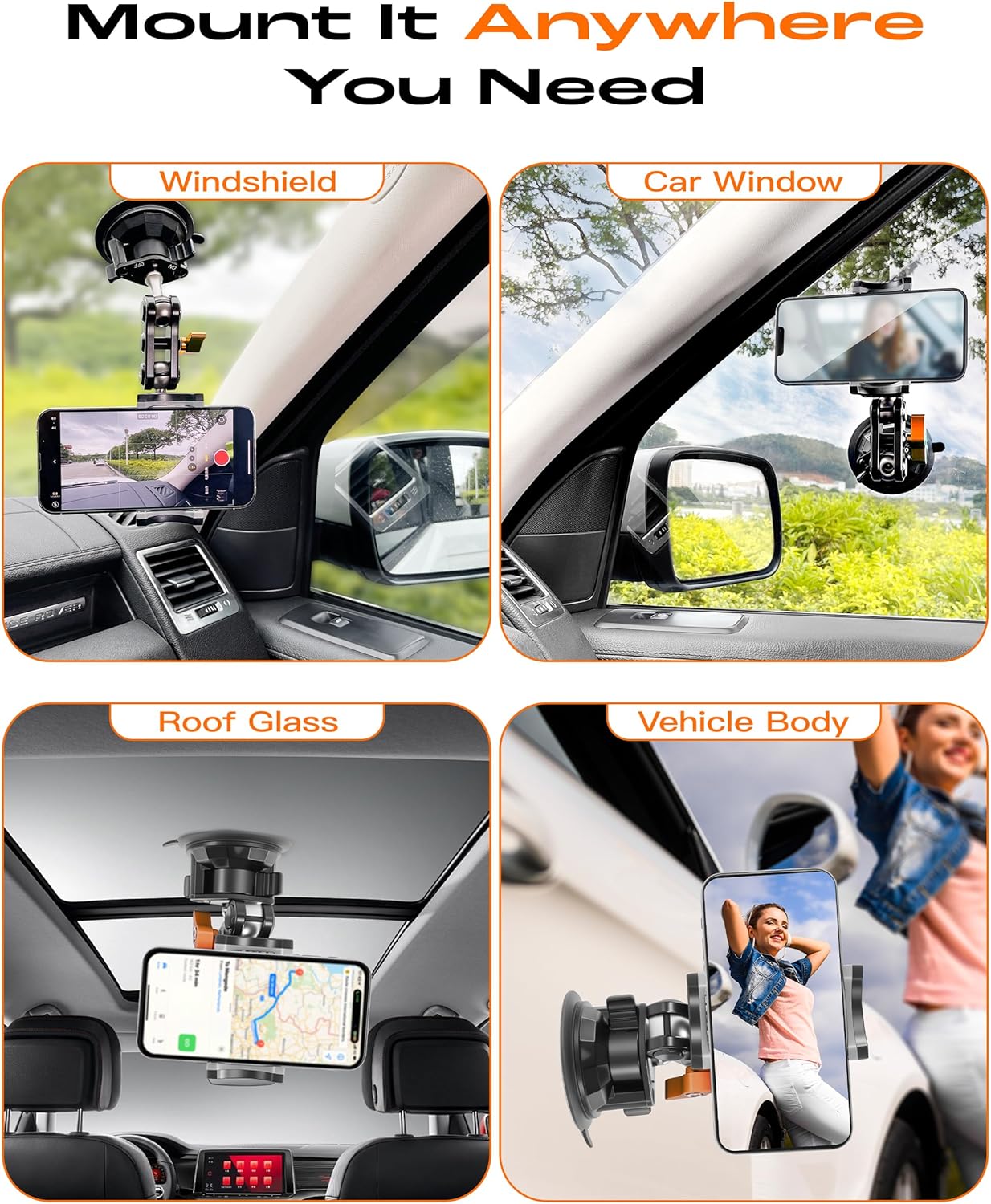 chubbycable ChubbyGrip Pro Dash Mount Premium Metal Knobs Phone Holders for Your Car 360° Rotation Suction Cup Phone Mount for Windshield, Clamp, Orange