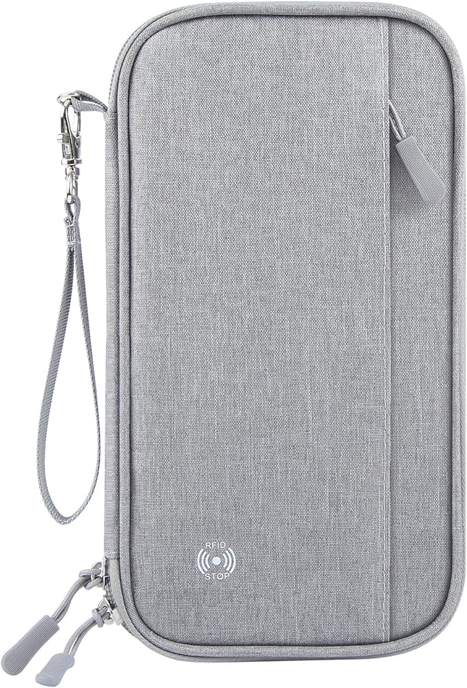 Passport Holder Family RFID Blocking Passport Wallet, RFID Travel Document Organizer for Women Waterproof Passport Wallet, Men Portable Case for Cards Credit Cards with Lanyard (Grey-Medium)