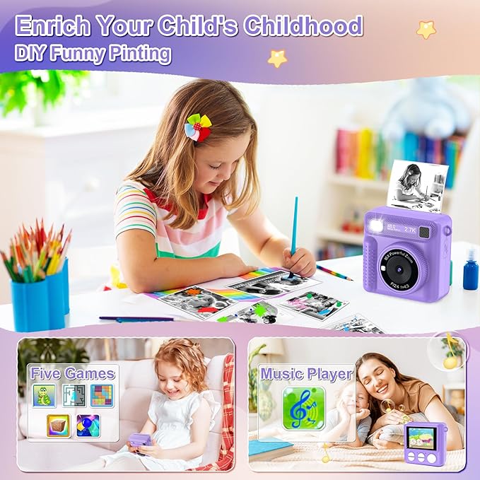 Kids Instant Print Camera - Christmas Birthday Gifts for Girls Boys, Instant Cameras That Print Photos for 4 5 6 7 8 9 10 Year Old Girl Birthday Gift with 32GB SD Card