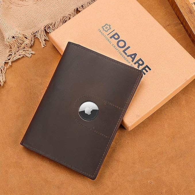 Polare Slim RFID Blocking Leather Passport Holder Travel Bifold Wallet For Men (Dark Brown with AirTag Slot-B)