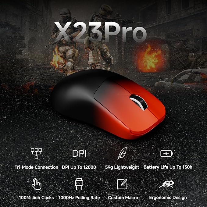 EWEADN X23Pro Wireless Gaming Mouse, 2.4G/BT5.0/USB-C Esports Gaming Mouse, 49g Lightweight Mouse Gaming, 12000 DPI Wireless Mouse with 6 Programmable Buttons, for Laptop/PC/Mac, Black-red