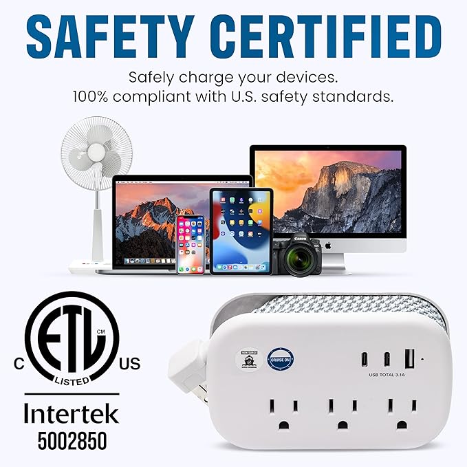 Cruise Approved Power Strip Non Surge Protector - 3.3 ft Wrapped Travel Extension Cord, 2 USB-C, 1 USB, 3 AC Outlet, Cruise Ship Essentials for Carnival, Princess & Major Lines 2025 & 2026