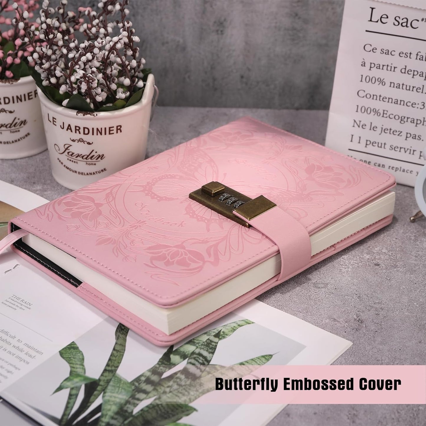 TIEFOSSI Diary with Lock for Women Girls, Lined Locked Journal, Butterfly Journal Notebook with Pen and Bookmark, A5 Refillable Locking Journals for Writing, 224 Numbered Pages