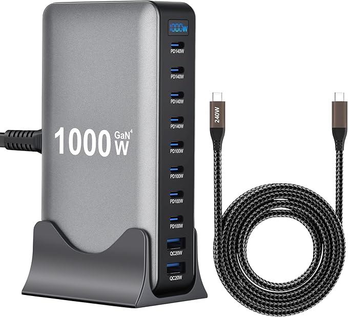 1000W 10-Port GaN 4 Desktop Charging Station with 240W 6.6 ft Data Cable - Compatible with Tablets, Phones, Laptops, Gaming Consoles, Headphones