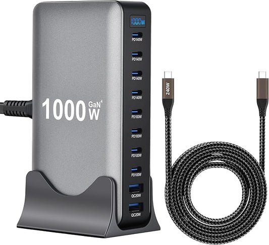 1000W 10-Port GaN 4 Desktop Charging Station with 240W 6.6 ft Data Cable - Compatible with Tablets, Phones, Laptops, Gaming Consoles, Headphones