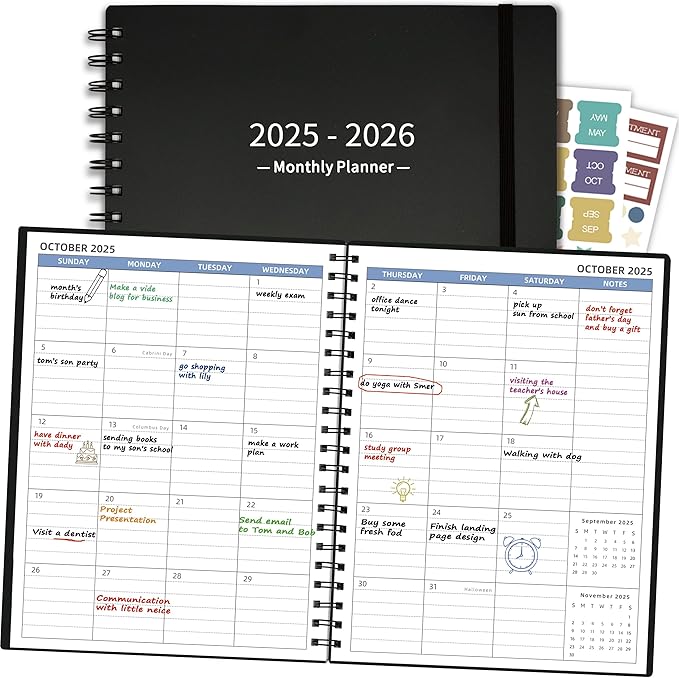 Monthly Planner 2025-2026 (7.4'' x 9.6''), 18 Months Calendar Planner from Jul 2025-Dec 2026, 2025 Agenda with Pocket, 120GSM Paper, Black