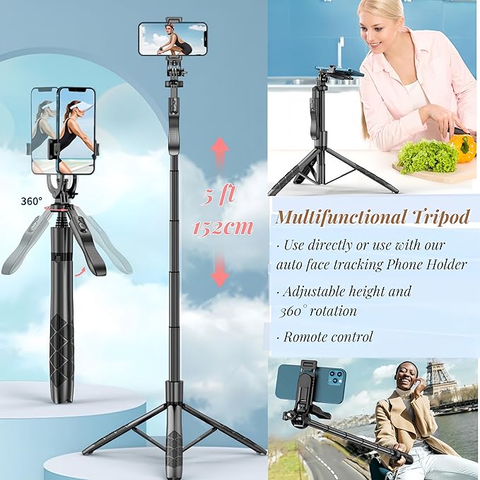 Auto Face Tracking Tripod, 360° Rotation Face Body Tracking Phone Holder, Rechargeable Smartphone Camera Mount Remote & Gesture Control with Adjustable Selfie Stick Tripod Stand for Phone Camera GoPro