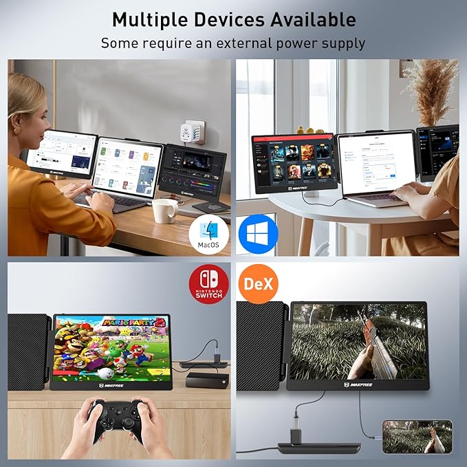 Maxfree Triple Laptop Screen Extender, S2 14" 1080P HD Portable Dual Monitor for 13.3-17″ Laptops, Plug & Play Monitor Extender Compatible with Windows/Mac/Surface/Android/Switch