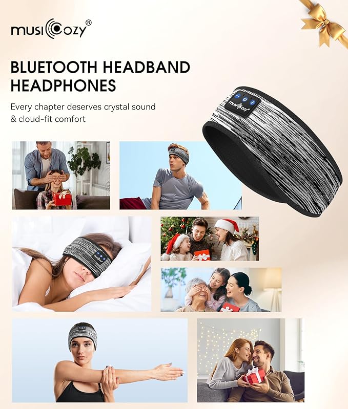 MUSICOZY Sleep Headphones Bluetooth 5.4 Headband, Wireless Earphones Music Sleep Earbuds Sleeping Eye Mask with HD Stereo Speakers for Workout Running Travel Yoga, Ideal Gifts for Women Men