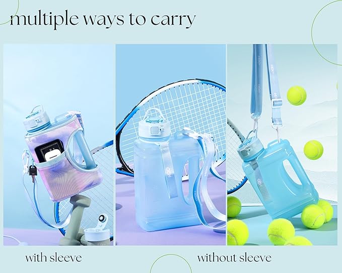 H2O Capsule Half Gallon Cube Square Water Bottle value pack - 2.2L Water Bottle with Strap, 2 Sleeves, Covered Straw Lid – BPA Free Reusable Sports Water Jug with Handle, (68 Ounce)