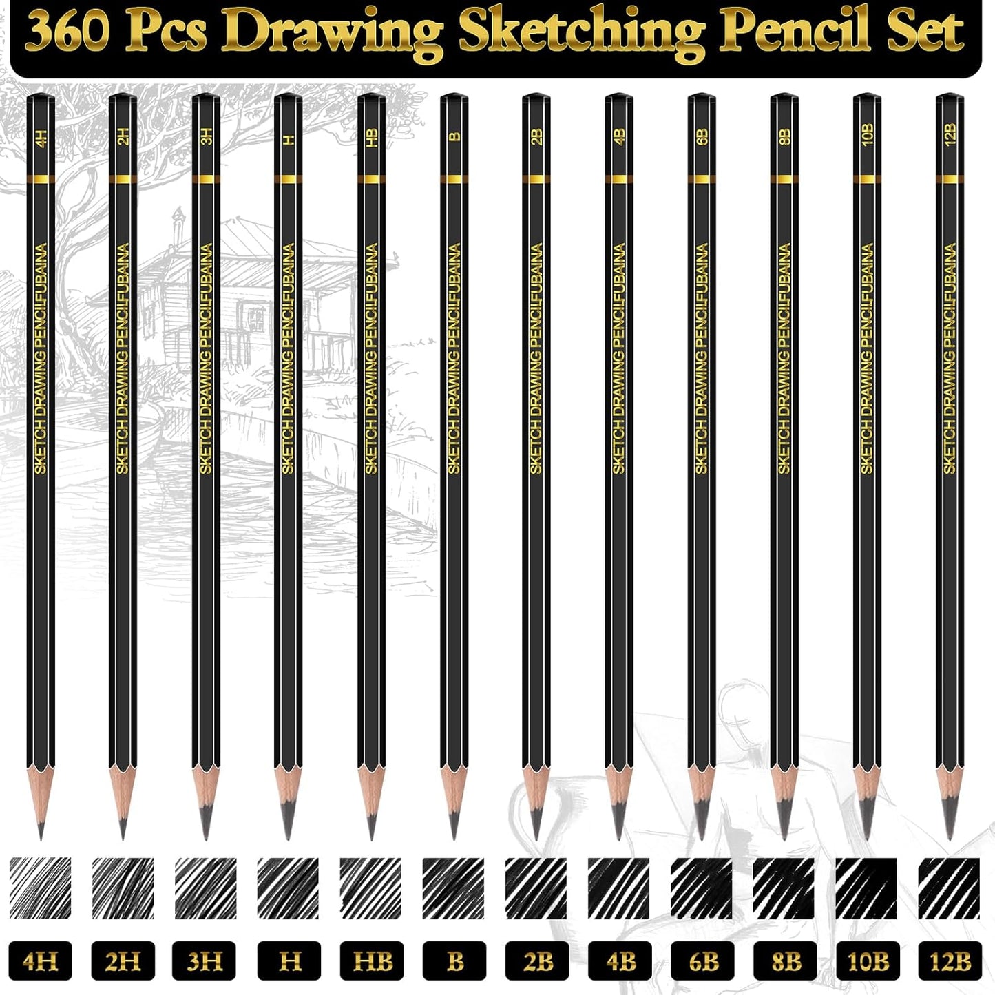 360 Pcs Drawing Sketching Pencil Set Professional (12b - 4h) Graphite Charcoal Gift Bulk for Artists Beginners, Pro Artists, Drawing Art, Sketching