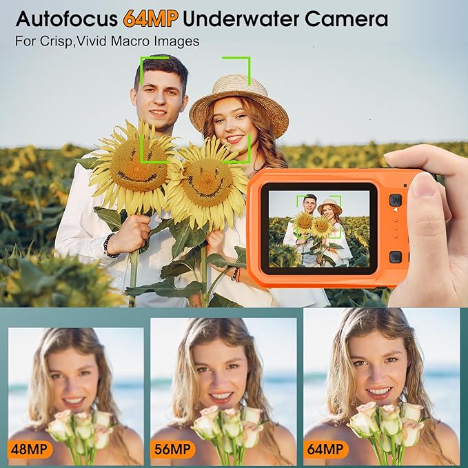 4K Underwater Camera, 64MP 16FT Waterproof Digital Camera with 32GB Card, Autofocus Floatable Waterproof Camera with IPS HD Screen, 16X Digital Zoom, Fill Light, for Snorkeling, Surfing, Orange