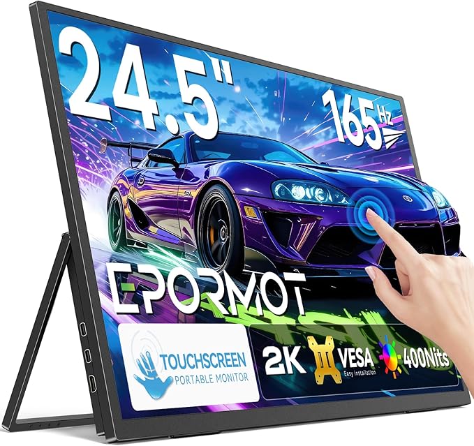 Portable Monitor Touchscreen 24.5”, 2K 165HZ Gaming Touch Monitor with FreeSync, 0.1ms, 180° Adjustable Kickstand & VESA, USB-C & HDMI, 400Nits IPS Large Travel Second Screen for Laptop, Game Console