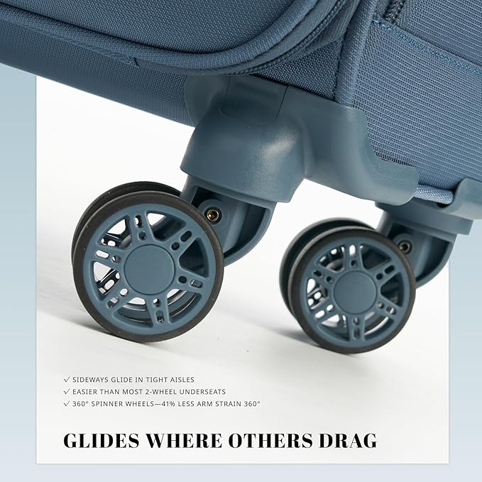 Verage 18x14x8in Spinner Underseat Carry-On Luggage -Airplane Personal Item Bag, USB A&C Charging Port, Padded Laptop Pocket & Wet/Dry Compartments for Women, Haze Blue