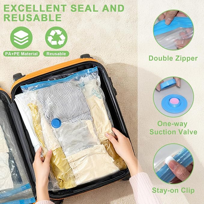 Mapambo 15 Pack Travel Vacuum Bags with USB Pump, Vacuum Packing Bags for Travel and Luggage, Space Saver Vacuum Seal Bags for Clothing, Cruise Essentials, Carry-on Compression Bags for Clothes