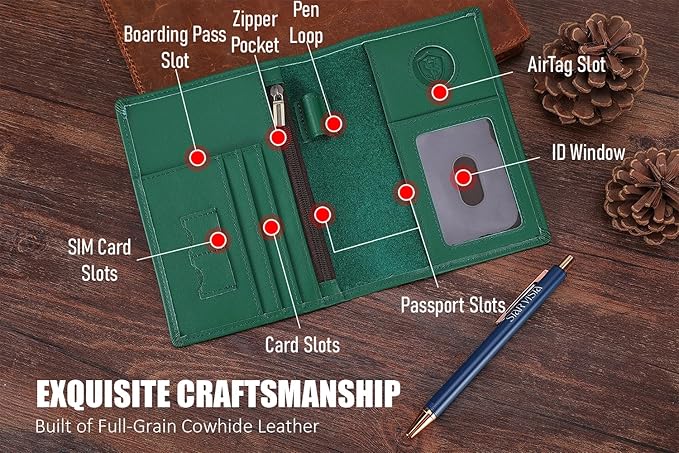 STAR VISTA Phoenix Leather Passport Holder, Calfskin Leather Travel Wallet - RFID Blocking, ID Window, Zipper Pocket, Pen & Notebook Included, AirTag Holder, Mint