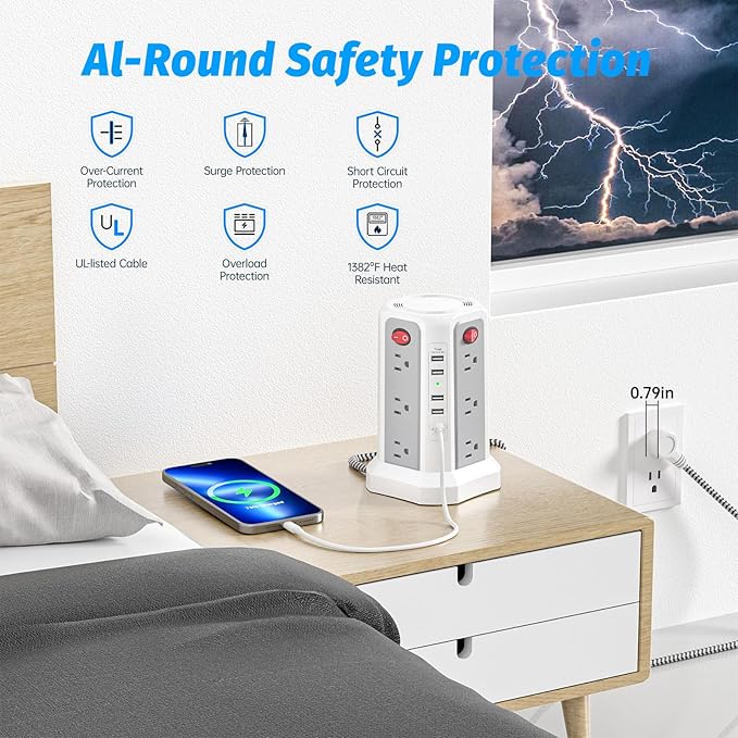 Power Strip Tower Surge Protector with PD20W USB C, 6FT Desktop Extension Cord Charging Station with 12 AC Multiple Outlets 5 USB Ports, Charger Tower Multiple Protections for Home Office Supplies