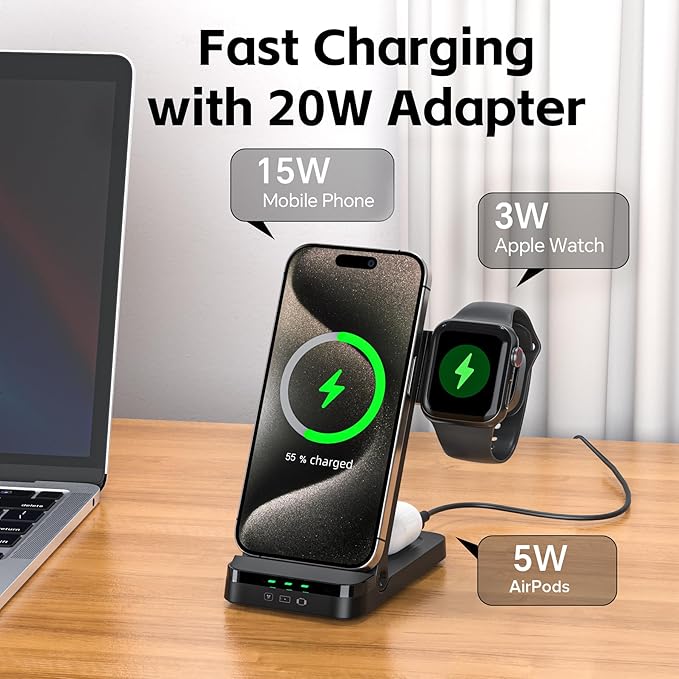 Wireless Charger, Tribone 3 in 1 Foldable Fast Charger for iPhone 17 16 15 14 13 12 11 Pro Max XR XS 8 Plus，for Apple Watch 10 9 8 7 6 5 4 3 2 SE Ultra,for AirPods Pro 4 3 2, Black