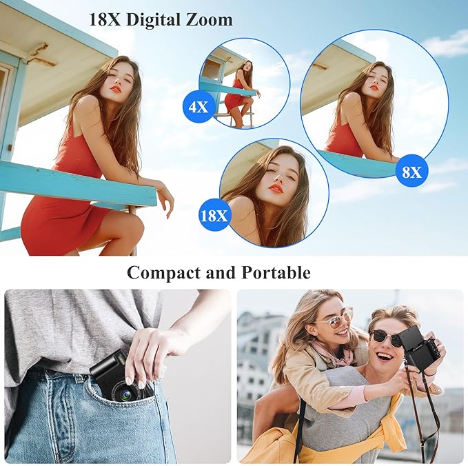 Digital Camera for Photography, WiFi 64MP 4K Vlogging Camera for YouTube, 3" 180° Flip Screen 18X Digital Zoom Compact Vlog Travel Cameras with 32GB TF Card & 2 Batteries, Black