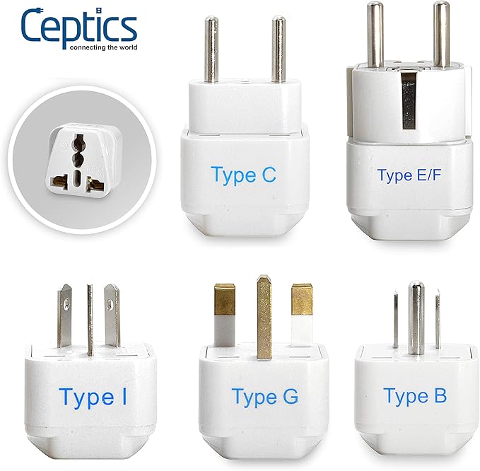 Ceptics Adapter Plug Set for World Wide International Travel Use - Grounded Safe - Works with Cell Phones, Chargers, Batteries, Camera, and More