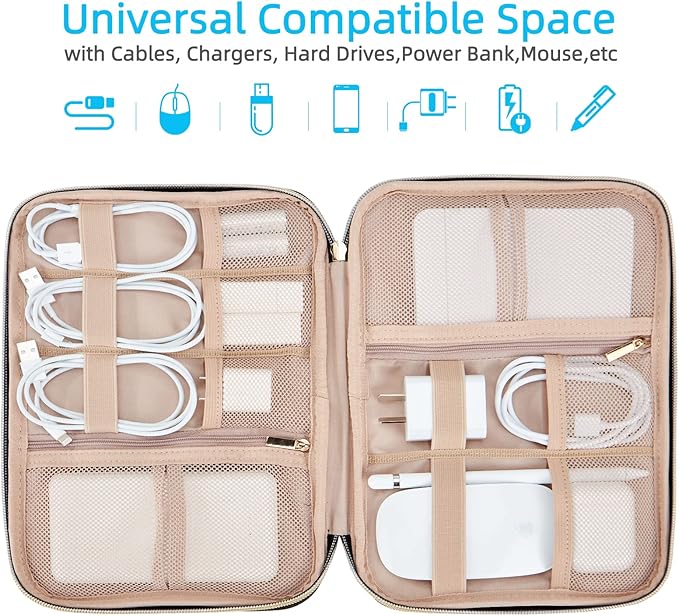 NISHEL Travel Cord Organizer Case, Tech Electronic Bag, Essentials for Charger, Cable, Phone, Hard Drive, USB, SD Card, Rosewood-Pink