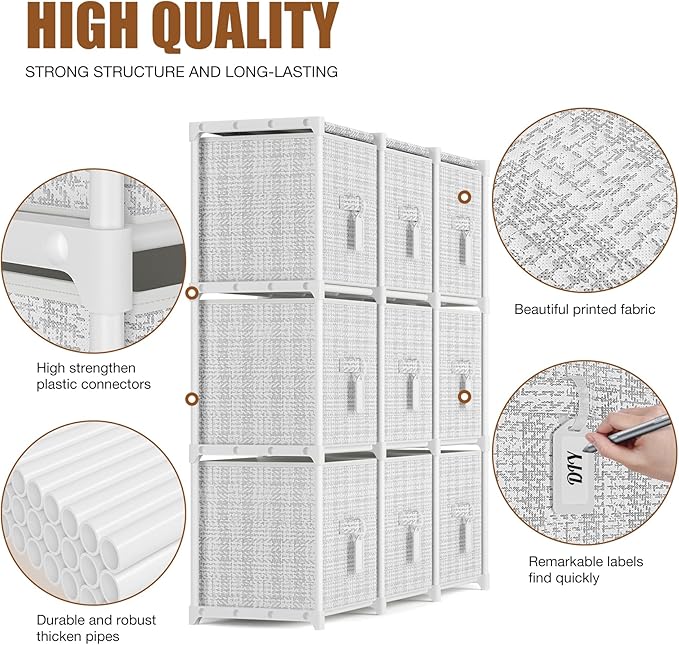 9 Cube Storage Organizer with Printed Drawers, Toy Cubby Storage for Closet, Living Room, Dorm - White