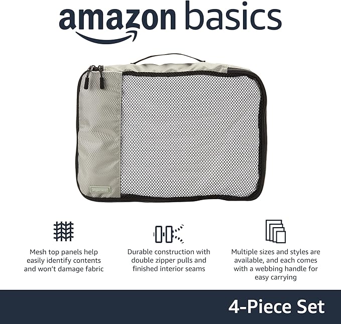 Amazon Essentials 4-Piece Packing Cubes Travel Accessories Set, Luggage Organizer with Double Zipper, Mesh Top, 100% Polyester, Medium, Gray (Previously Amazon Basics)