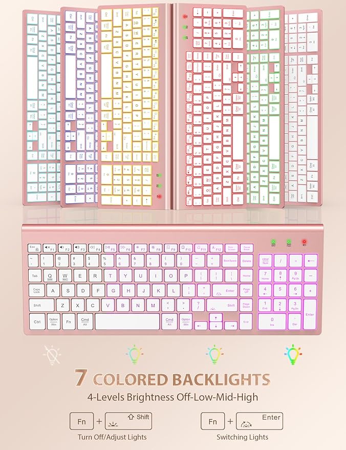 SABLUTE Wireless Keyboard and Mouse Combo Backlit - Compact Quiet Keyboard with RGB Mouse, Rechargeable, Slim, Sleep Mode, Portable Cordless Keyboard Mouse Set for Mac, Windows, Laptop, PC (Rose Gold)