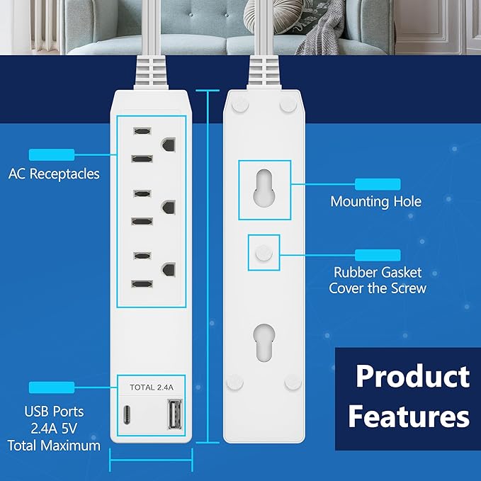 LIDER Outlet Extender with 3 Receptacles, 2 Power Strip with USB Type-A and Type-C Charger, USB Port, Ultra-Thin Wall Plate Plug with Cord Extender, 3-Outlet Power Strip, 3ft Cord, ETL-Listed, White