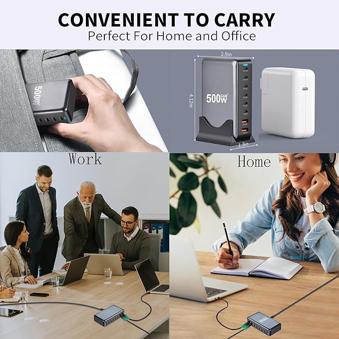 500W USB C Fast Charger Block, 8 Port USB Charging Station, GAN3 Multi Device Fast Charging Station for iPhone, Samsung, MacBook, Dell and More Smartphones, Home Office Use