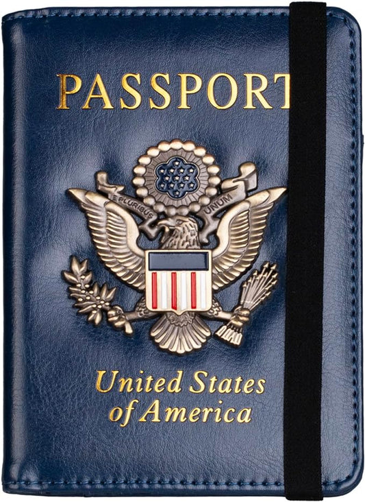 TOURSUIT RFID Blocking Passport Holder for Women Men, Leather Passport Travel Wallet with Metal 3D Metal Badge, Travel Document Holder Cover Accessories (Dark Blue)