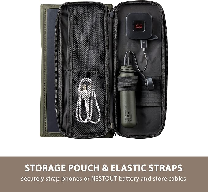 ELECOM NESTOUT Portable Solar Panel, Dual USB-A Ports, 28W Power Generation Charger for Phone Camping, Durable Water-Resistant Ripstop Nylon, Foldable Lightweight, Adjustable Stands (4-Panel)