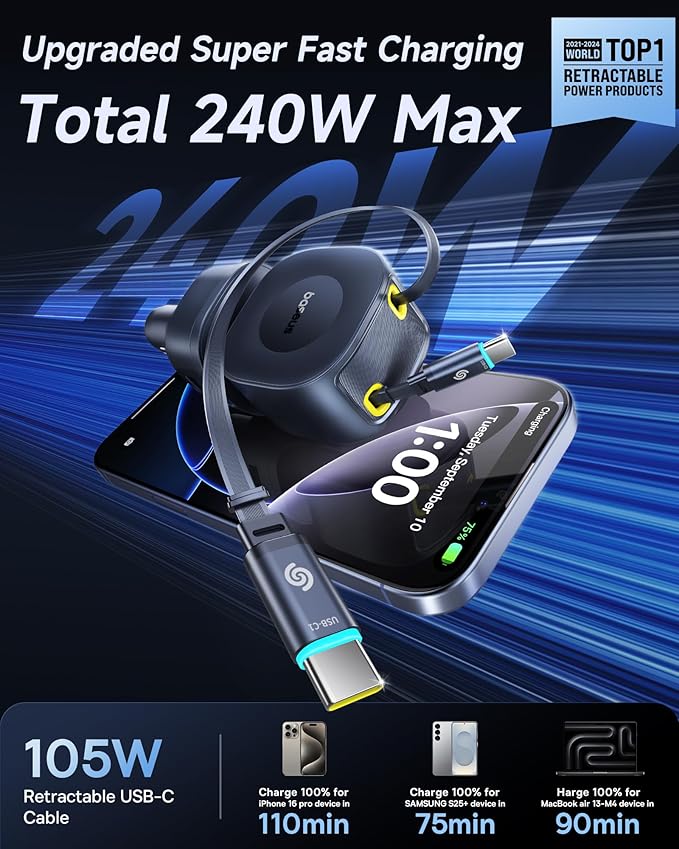 Baseus 240W Retractable Car Charger USB C Fast Charging, VR2 Max 4 in 1 Fast Car Charger with Dual Retractable USB C Cable for iPhone 17 16 15 Pro Max, Samsung Galaxy S25 Ultra, Android, iPad, MacBook
