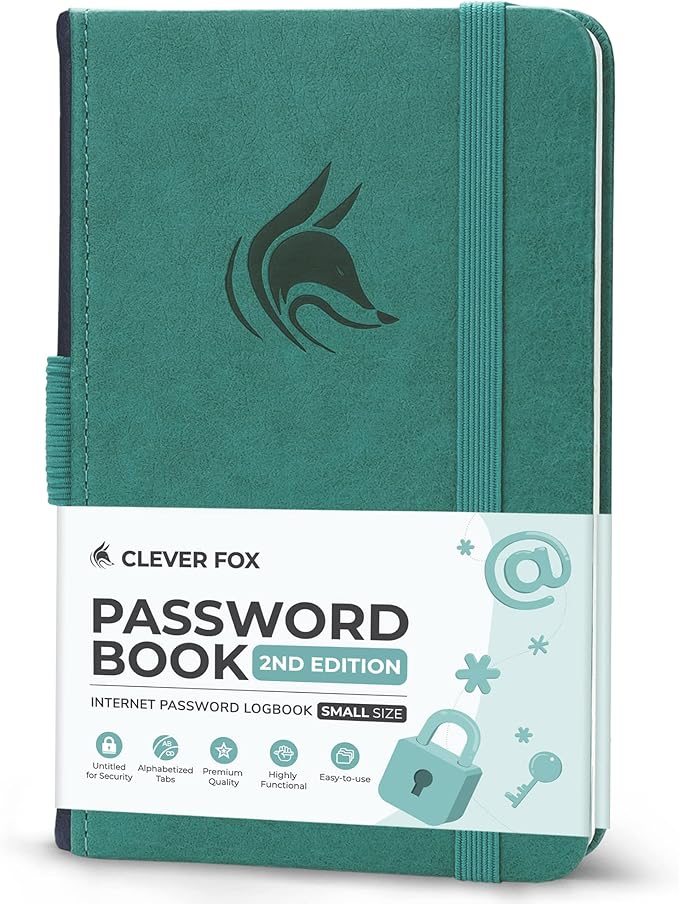 Clever Fox Password Book 2nd Edition Small – Pocket Password Keeper with Alphabetical Tabs – Internet Address Notebook & Login Details Organizer Journal – 3.5x5.6” (Aquamarine)