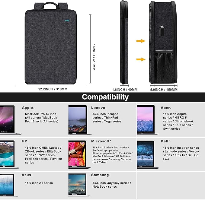 ZINZ Slim & Expandable Laptop Backpack 15 15.6 16 Inch Sleeve with USB Port, Spill-Resistant Notebooks Bag Case for Most 14-16 Inch MacBooks Surface-Books Dell HP Lenovo Asus Computers,B04K01