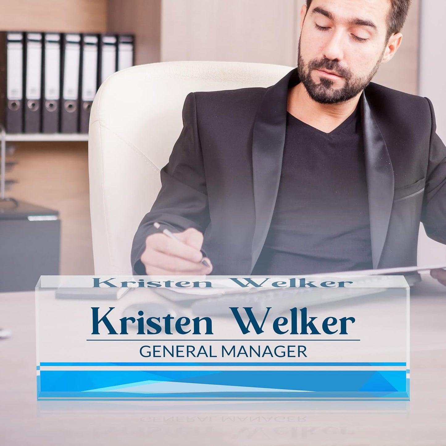 Desk Name Plate Personalized, Premium Business Modern Blue Acrylic Desk Name Plate, Personalized Name Plate for Desk, Office Decor for Women or Men Coworkers, Boss, Employee, Teacher (Blue 2)