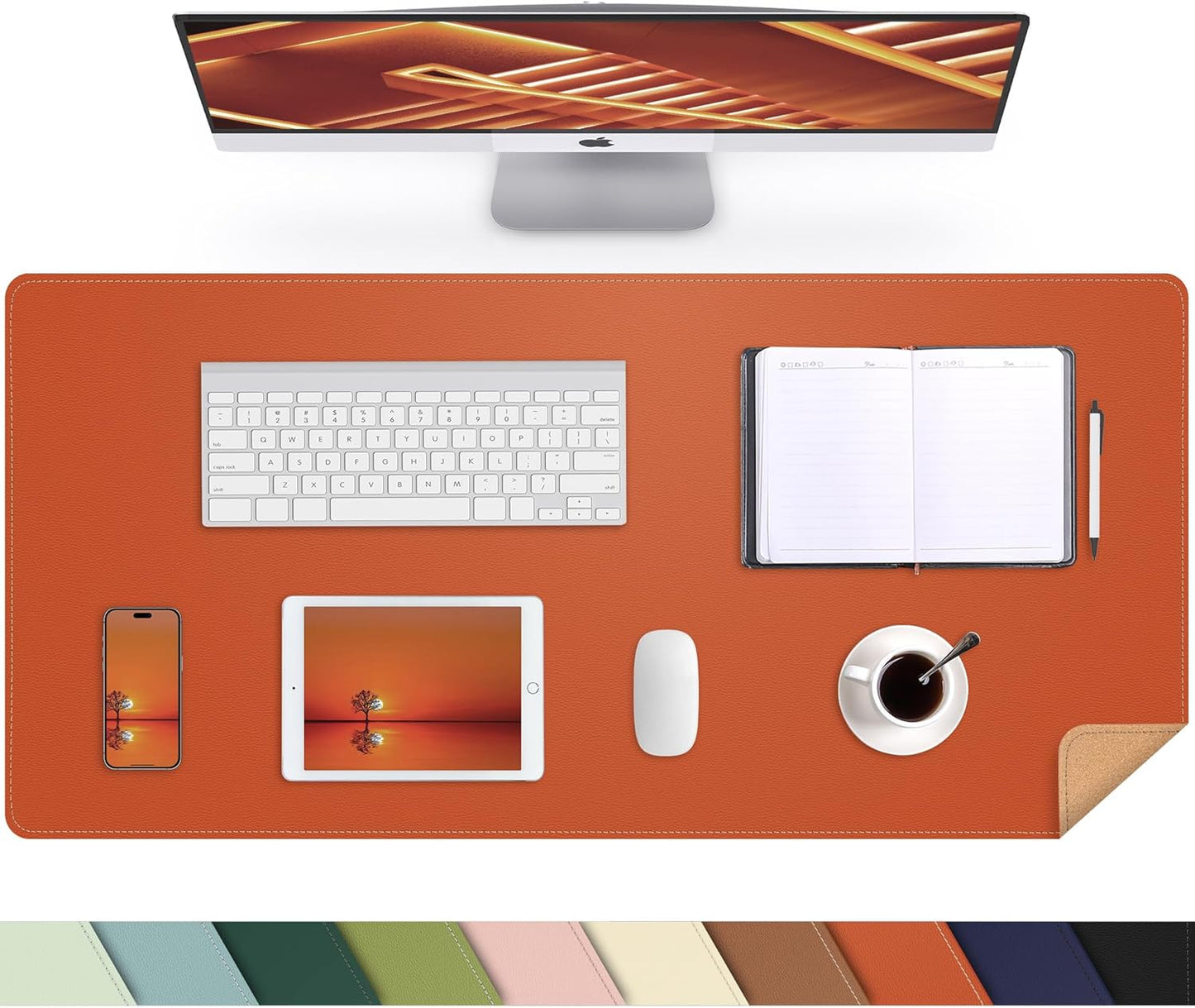 Leather Desk pad Protector, Large Desk mat with Natural Cork & PU Leather,Mouse pad,Non-Slip Office Desk Mat,Waterproof Desk Writing Pad for Office and Home (35in*17in, Orange)