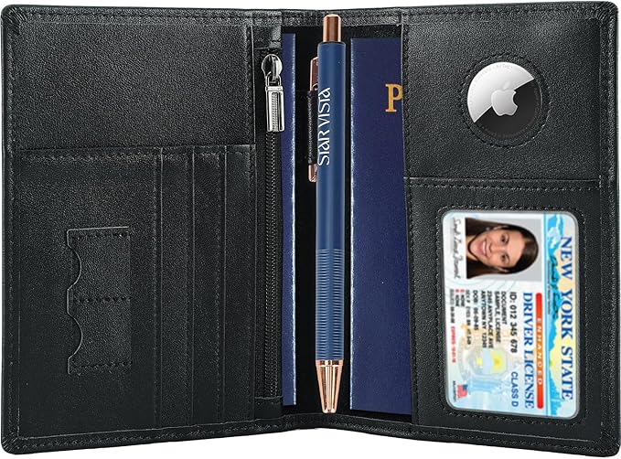 STAR VISTA Phoenix Leather Passport Holder, Calfskin Travel Wallet - RFID Blocking, ID Window, Zipper Pocket, Pen & Notebook Included, AirTag Holder, Black