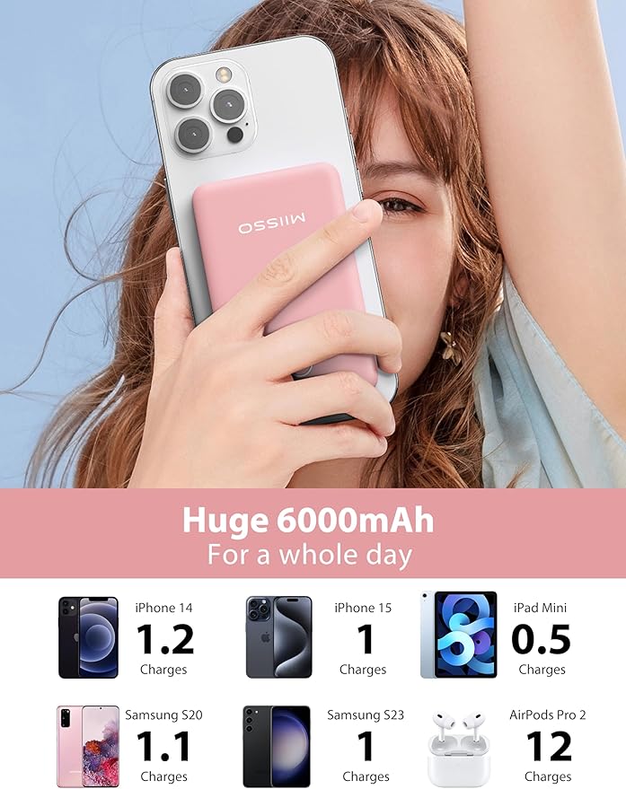 miisso 6000mah Ultra Slim Built in Cables Power Bank, Card Size Built in USB C Cords Battery Pack Portable Charger for Phones, 3 Output External Battery Pack Compatible with iPhone, Samsung, Pink