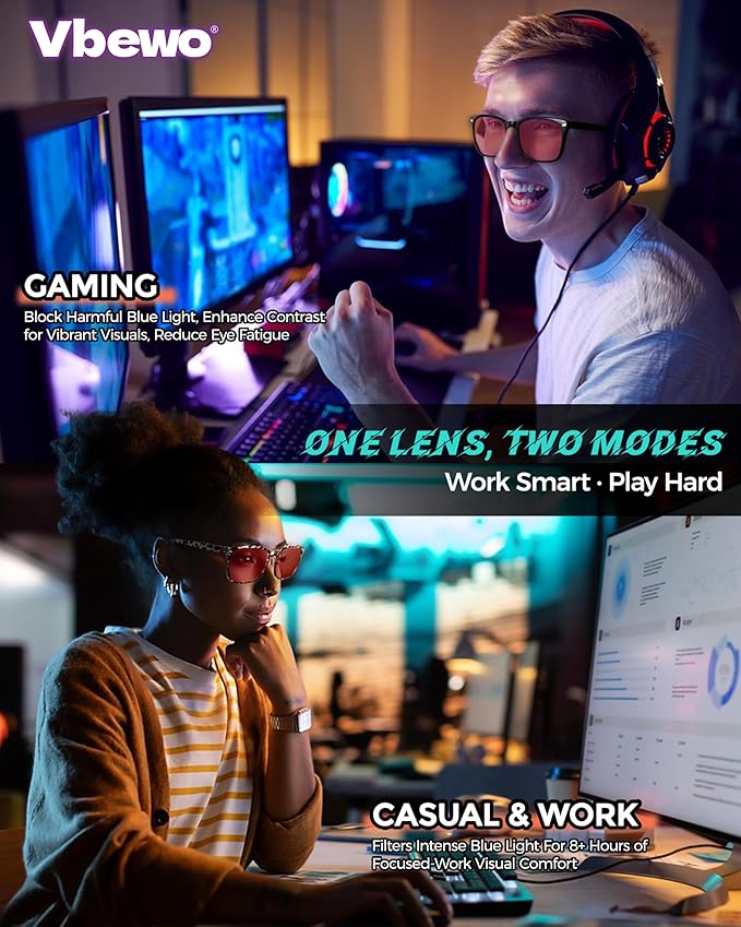 2 Packs Professional Sleep Glasses with 99.9% Blue Light Blocking Dual AR Coatings Red Lens, Computer Gaming Glasses for Men Women, Anti Fatigue & Eye Strain