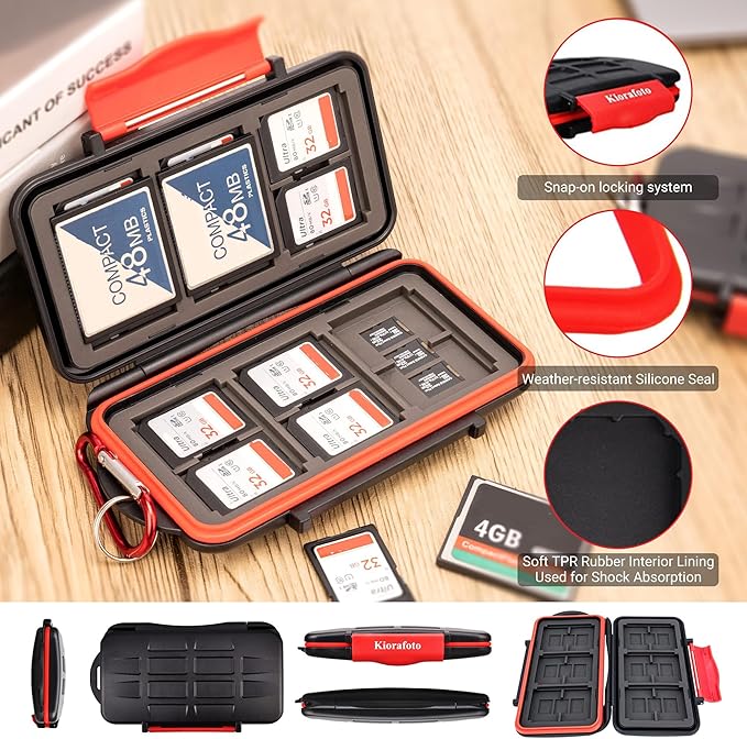 Kiorafoto 36 Slots : 18 TF + 12 SD + 6 CF Memory Card Holder Case Storage Protector Wallet for TF MSD Micro SD SDHC SDXC SDUC CF Compact Flash Memory Cards with Carabiner + Card Tray Removal Pin Key