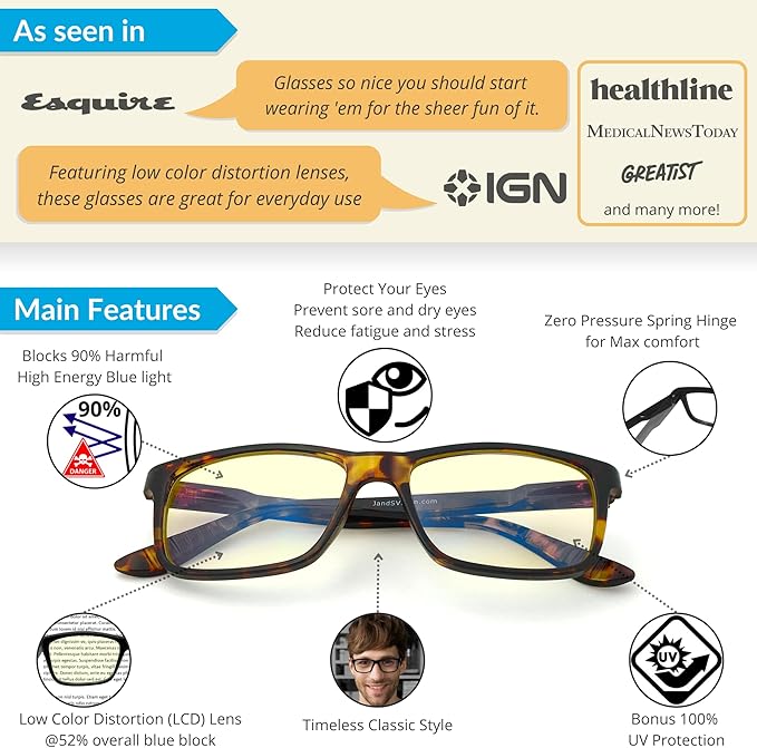 J+S Vision Blue Light Blocking Glasses for Men Women | Computer Gaming Work| Anti Strain Fatigue UV Glare | Medium-Small Fit