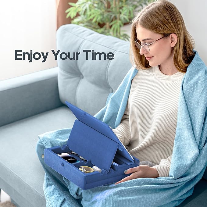 KDD Book Stand with Storage, Multi-Angle Viewing Reading Tablet Holder for Lap, Bed, Desk and Couch, Foldable I-pad Pillow Holder with Organizer Tray for Book,Tablet, Cell Phone, (4.7"-15") Blue