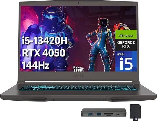 msi Thin 15 15.6" FHD 144Hz Gaming Laptop, Intel i5-13420H, NVIDIA GeForce RTX 4050, 64GB DDR4 RAM, 2TB PCIe SSD, Backlit Keyboard, Wi-Fi 6E, Webcam, Win 11 Pro, Gray, 256GB Docking Station Set