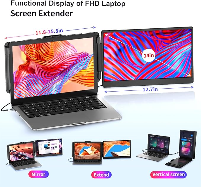 Laptop Screen Extender Portable Monitor, Dual Monitor Extender for Laptop, 14" Screen 1080P FHD Display, Fit for 13-17" Laptops, Plug & Play Compatiable with Windows, Mac, Chrome, Android and Switch