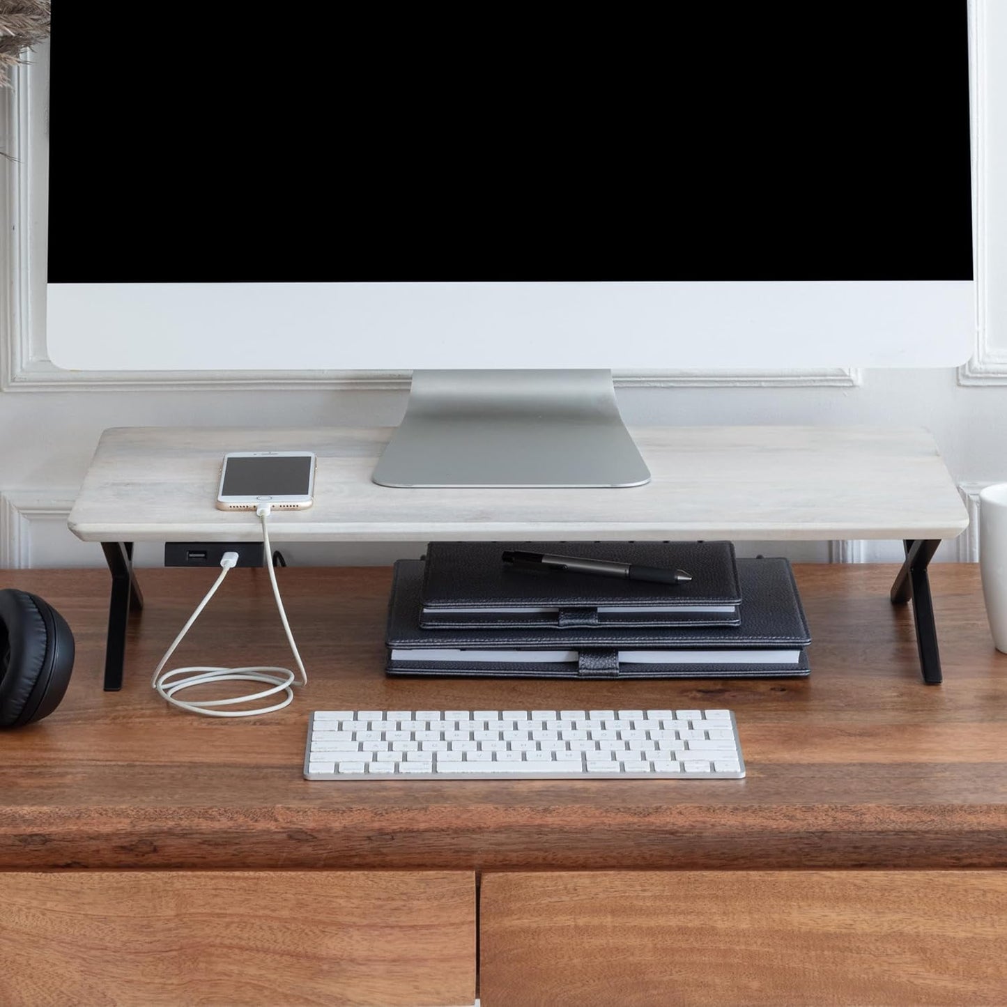 Anji Mountain Monitor Stand - Desktop Organizer & Laptop Riser, Ergonomic Monitor Riser, Space-Saving Monitor Stand for Desk, Durable Construction, Easy Assembly, Ideal for Home & Office,White Wash