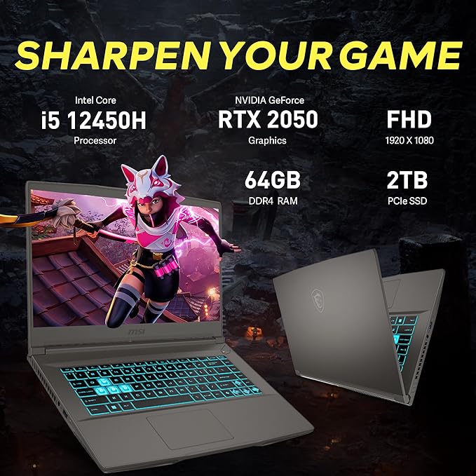 msi Thin 15 15.6" FHD IPS 144Hz Gaming Laptop, Intel i5-12450H, 64GB RAM, 2TB PCIe SSD, NVIDIA GeForce RTX 2050, Backlit Keyboard, WiFi 6, Black, Win 11 Home, 256GB Docking Station Set