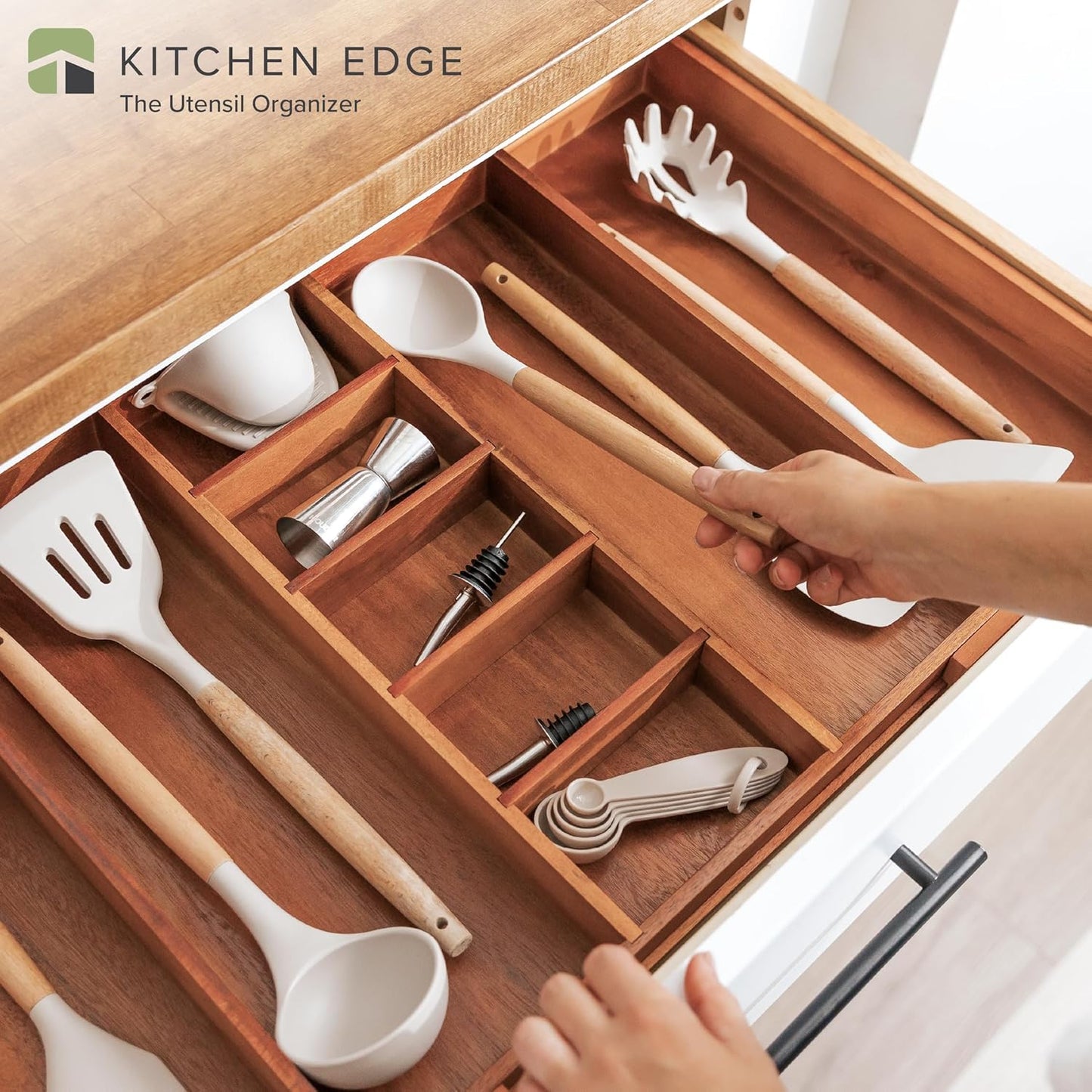 Adjustable Kitchen Drawer Organizer for Utensils and Junk, Food-Safe Contract Grade with 100% Sustainable Wood, Non-Slip, Expandable from 18.5 to 33 Inches Wide - Natural Acacia