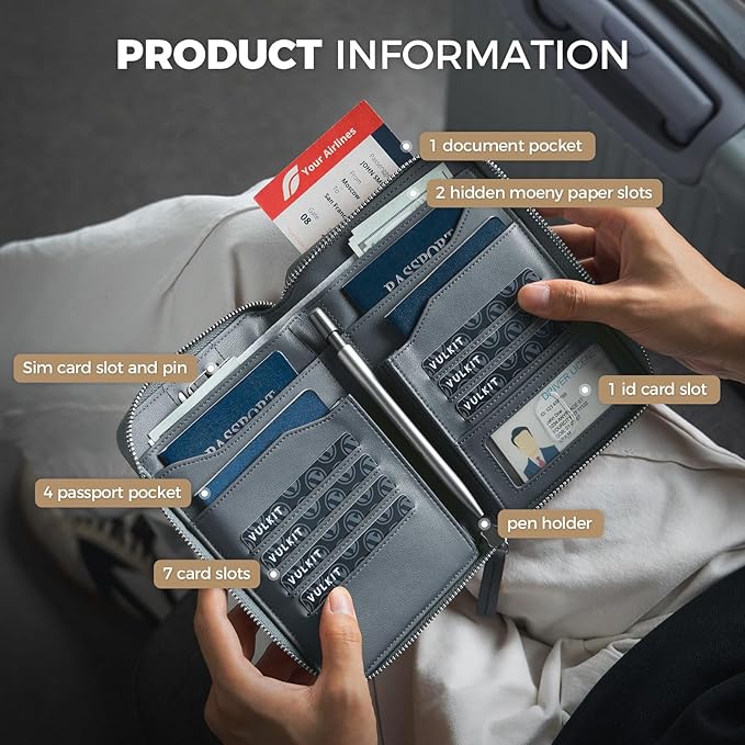 VULKIT Leather Passport Holder for 4-8 Passports Family Passport Wallet with Zipper Travel Documents Organizer for Men or Women(Navy)